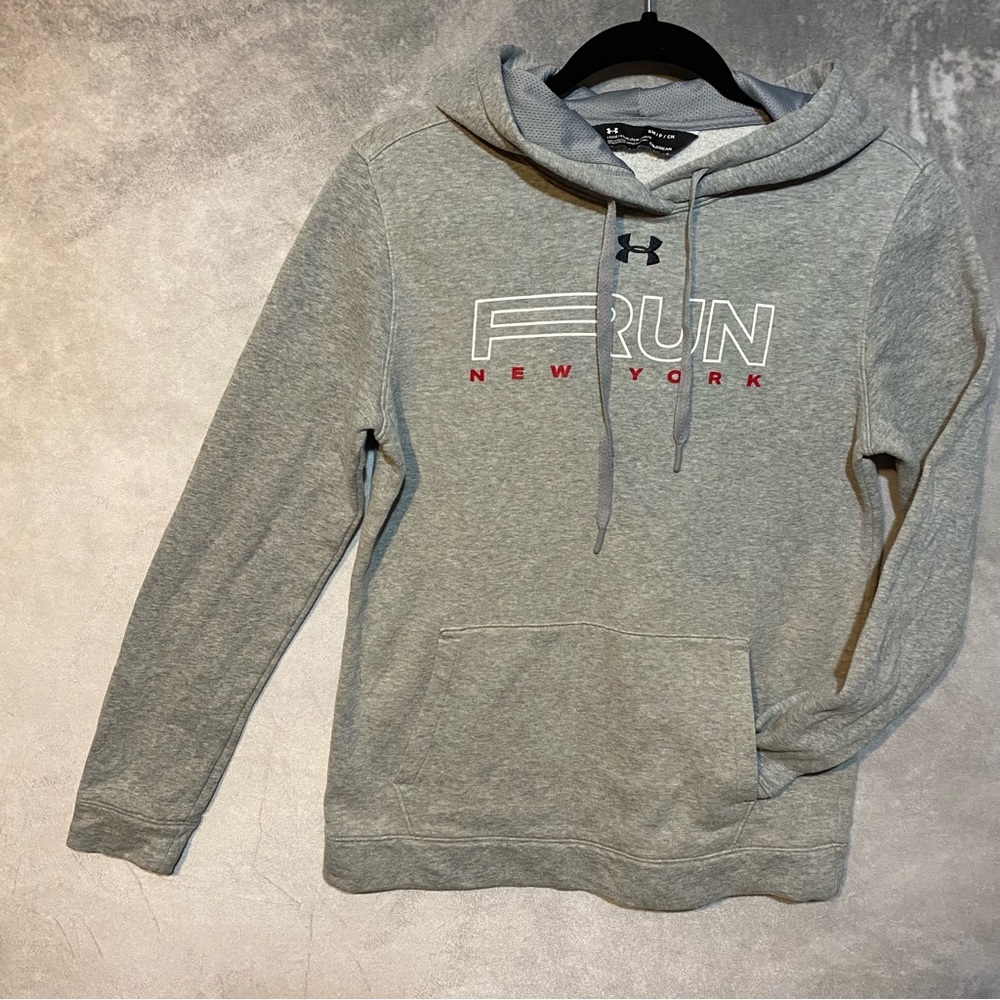 Under Armour Mens Hoodie Small Gray Run New York ColdGear Kangaroo Pocket